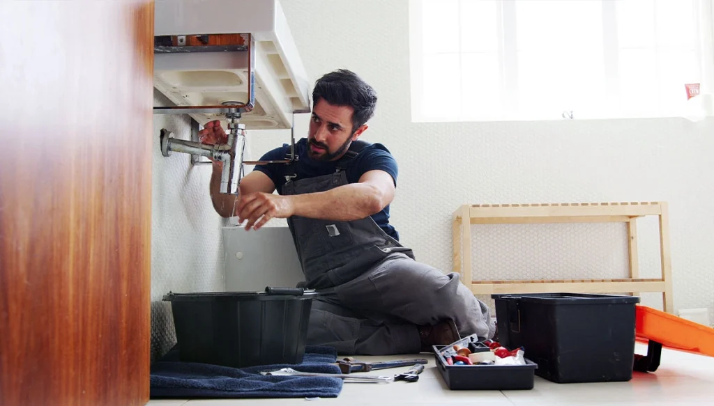 plumber working on pipes underneath the kitchen sink