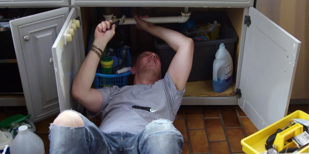 plumber fixing a pipe underneath a kitchen sink