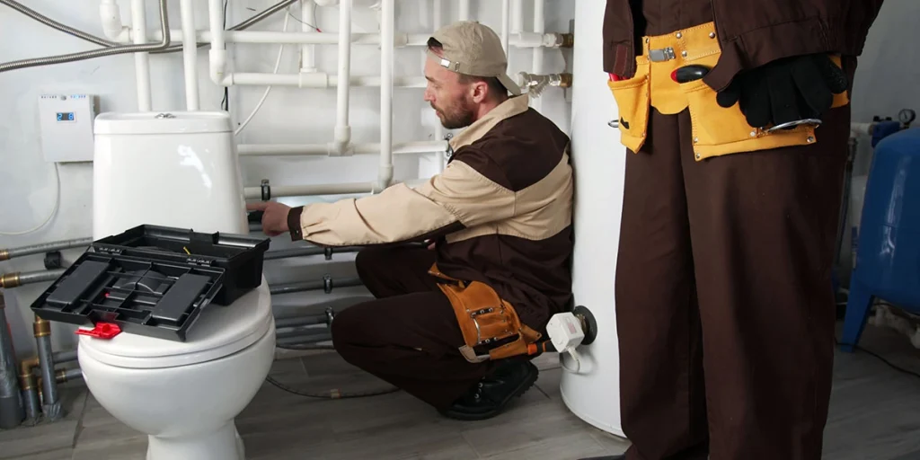 two plumbers fixing a toilet