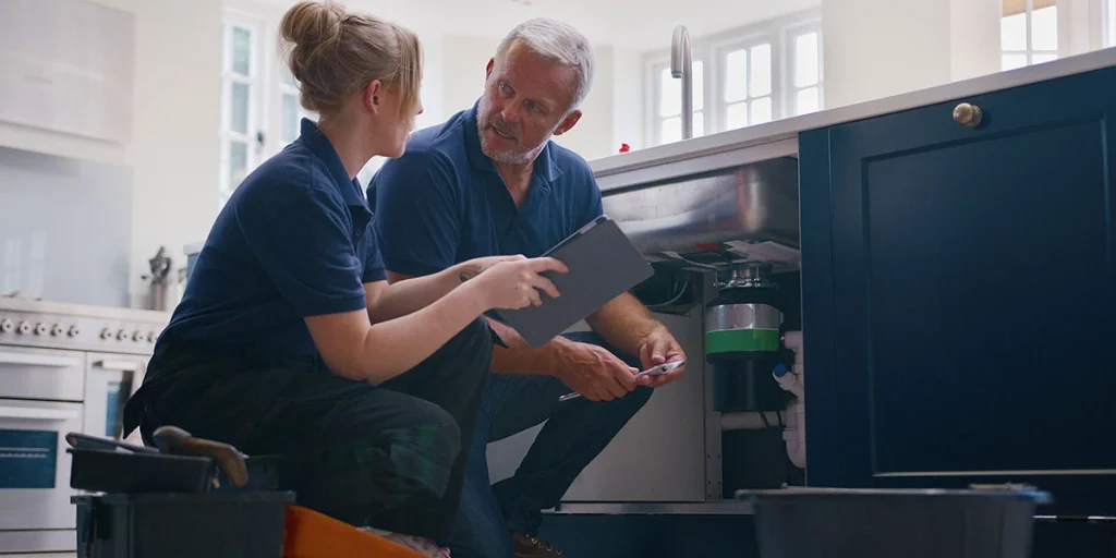 Two Plumbers discuss a plumbing issue under a kitchen sink