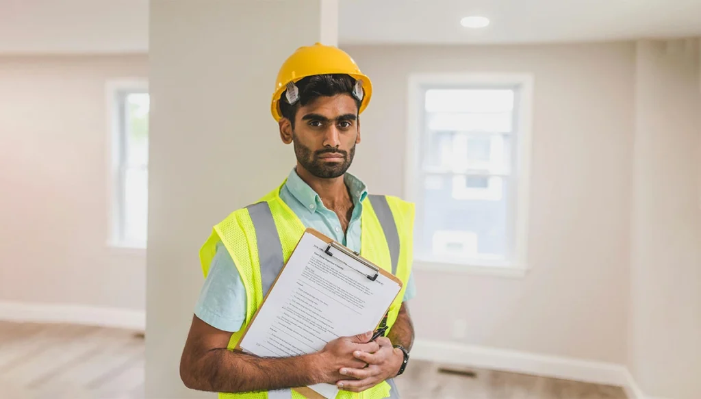 man with a construction vest hard hat and a clipboard standing in a house