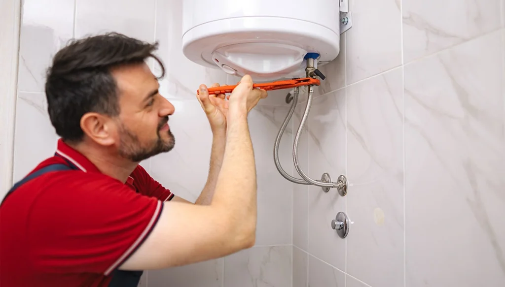 plumber maintaining a water heater