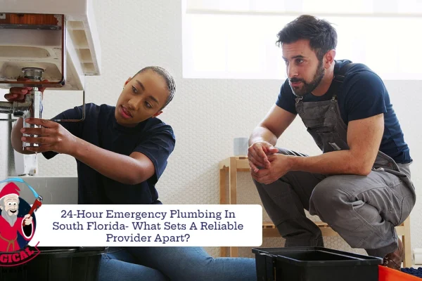 plumber overseeing a female plumber working under a sink