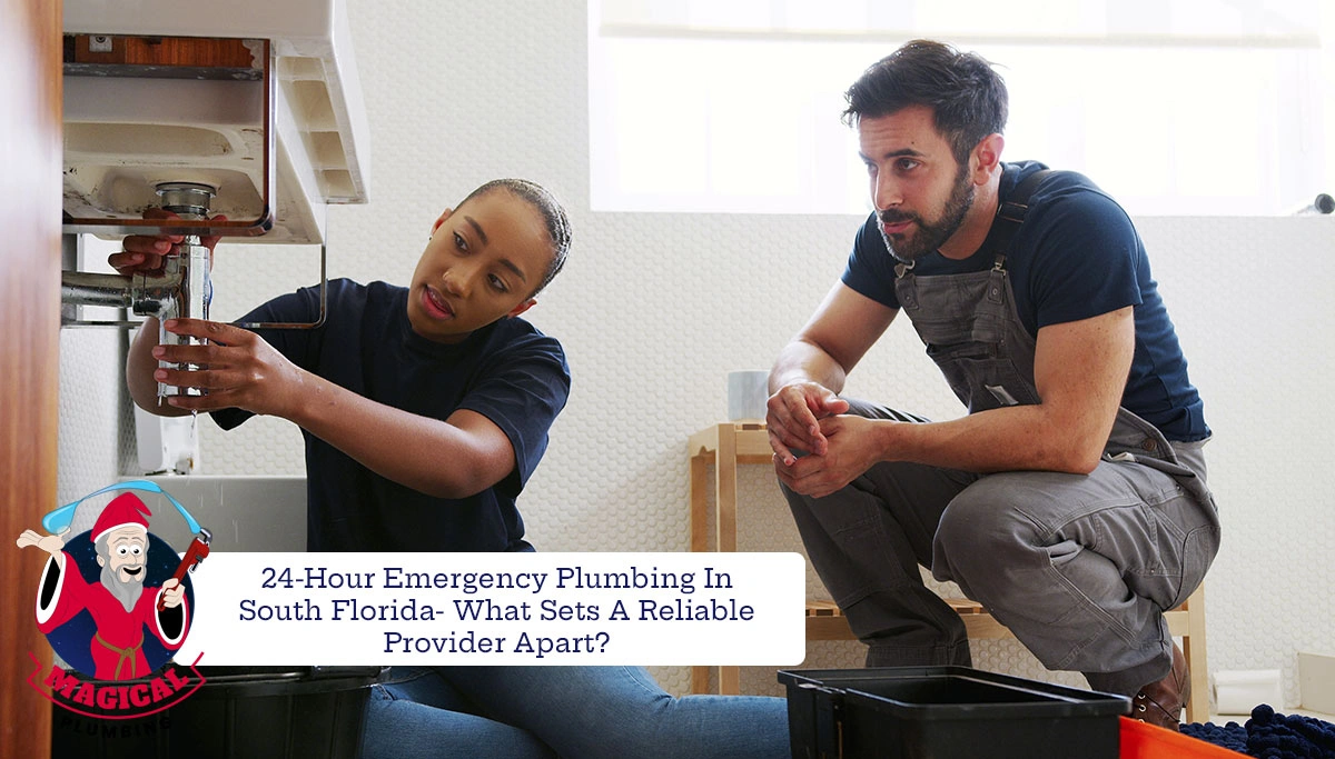 plumber overseeing a female plumber working under a sink