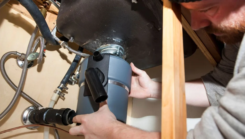 plumber examining a garbage disposal